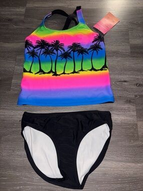 Nica Rainbow Palm Tankini Top with Black Bottoms